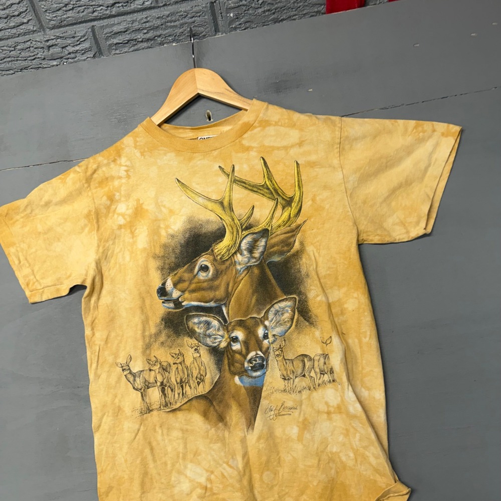 Vintage Oneita ColorWear Deer Graphic Tie Dye‎ T-Shirt Yellow Mens Medium 90s